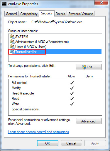 TrustedInstaller 권한이 정상적으로 추가된 것을 확인할 수 있습니다.
